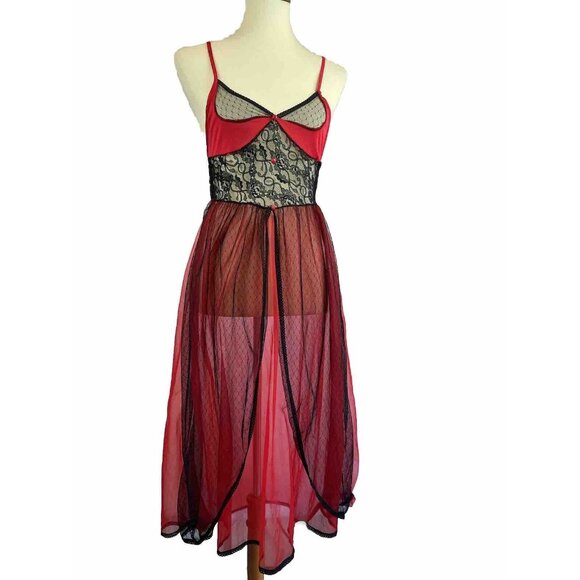 Vintage 80s Red Chiffon Lace Empire Waist Chemise S/M Stroke Of Midnight - Picture 1 of 12